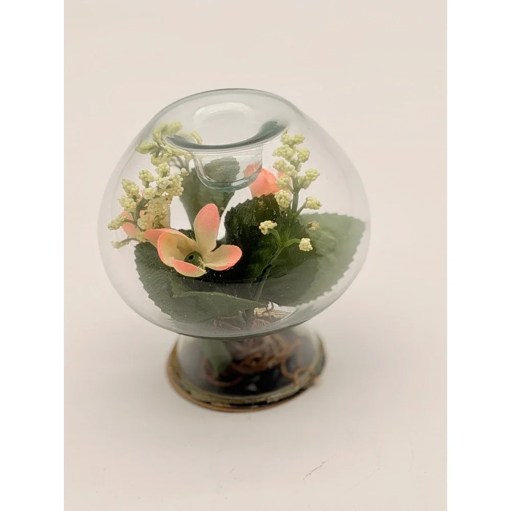 Vintage Glass Terrarium Votive Candle Holder Faux Pink Flowers Metal Base Orb
